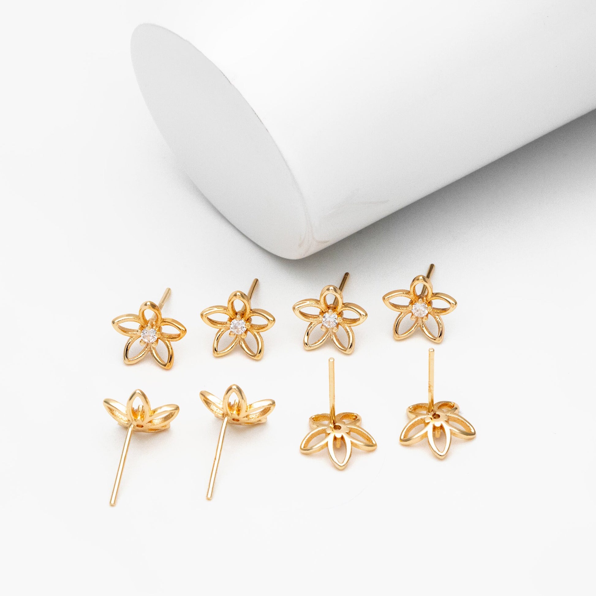 10pcs CZ Pave Gold/ Silver Flower Earrings 10mm, Gold/ Rhodium Plated Brass Stud Earrings, Dainty Flower Earrings (GB-4327)