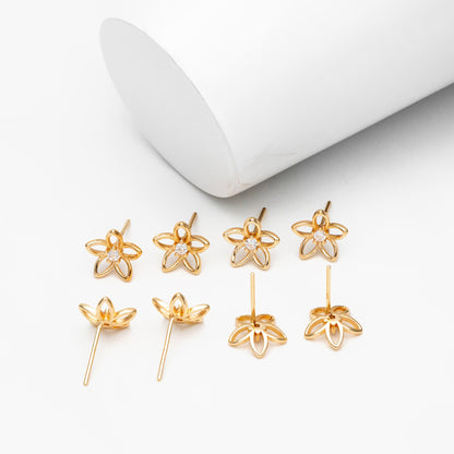 10pcs CZ Pave Gold/ Silver Flower Earrings 10mm, Gold/ Rhodium Plated Brass Stud Earrings, Dainty Flower Earrings (GB-4327)