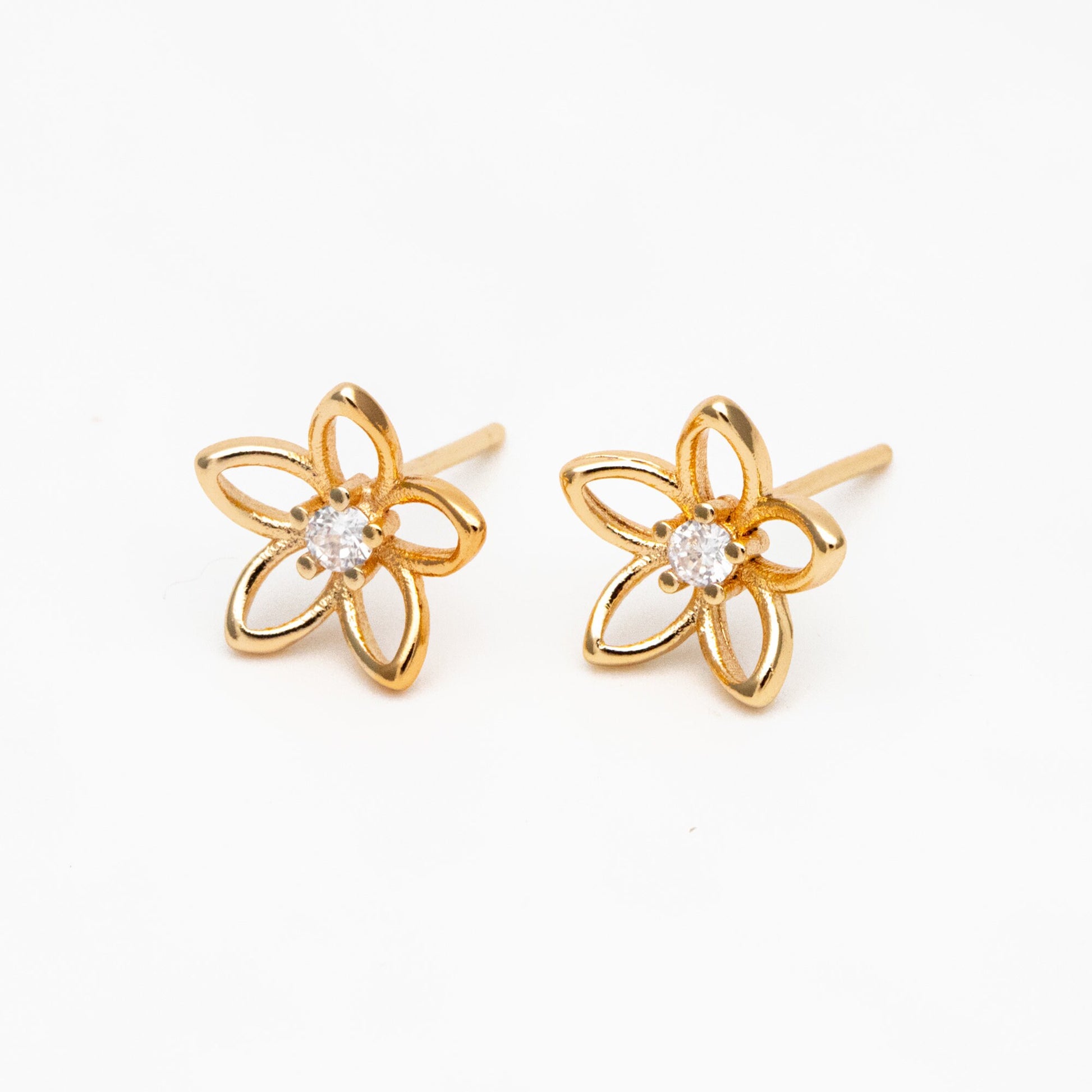 10pcs CZ Pave Gold/ Silver Hollow Flower Earrings 10mm, Gold/ Rhodium Plated Brass Stud Earrings, Dainty Flower Earrings (GB-4323-A)