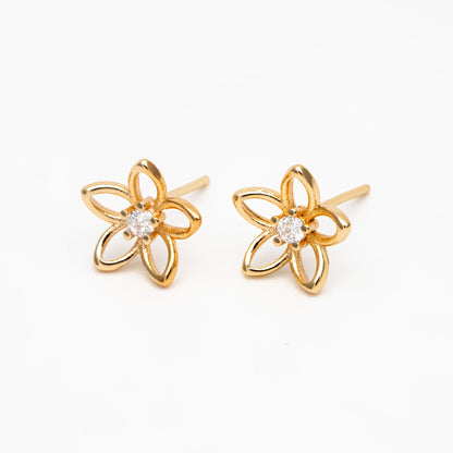 10pcs CZ Pave Gold/ Silver Hollow Flower Earrings 10mm, Gold/ Rhodium Plated Brass Stud Earrings, Dainty Flower Earrings (GB-4323-A)