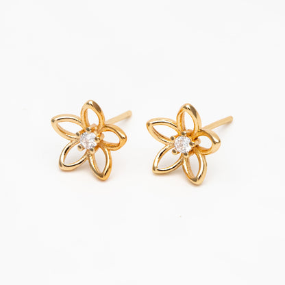 10pcs CZ Pave Gold/ Silver Hollow Flower Earrings 10mm, Gold/ Rhodium Plated Brass Stud Earrings, Dainty Flower Earrings (GB-4323-A)