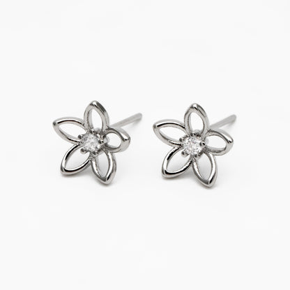 10pcs CZ Pave Gold/ Silver Flower Earrings 10mm, Gold/ Rhodium Plated Brass Stud Earrings, Dainty Flower Earrings (GB-4327)