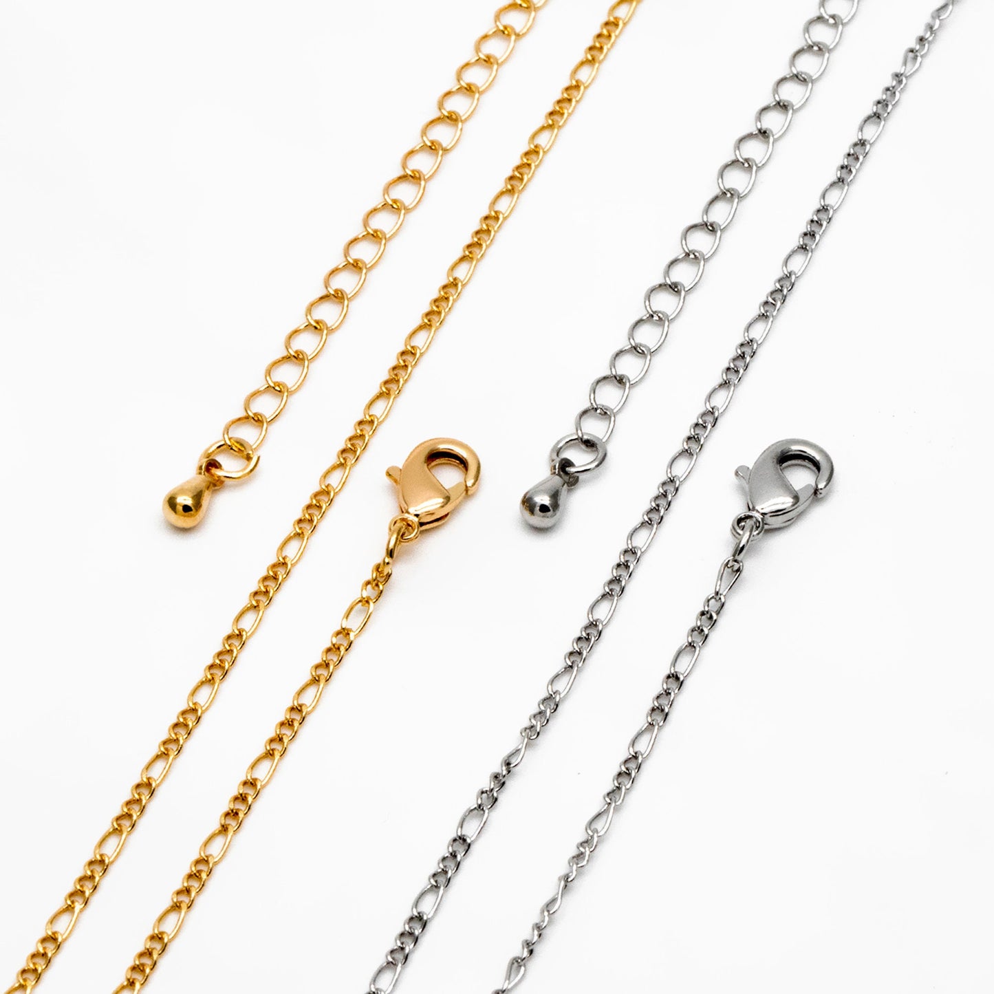 Gold/ Silver Tone Figaro Chains 1.6mm, Finished Bracelet/ Anklet/ Necklace with Extender Chain, Ready to Wear (#LK-168)