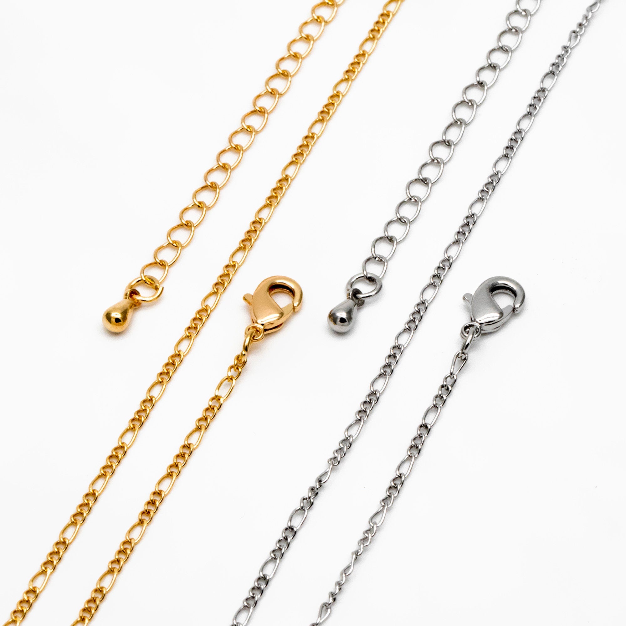 Gold/ Silver Tone Figaro Chains 1.6mm, Finished Bracelet/ Anklet/ Necklace with Extender Chain, Ready to Wear (#LK-168)