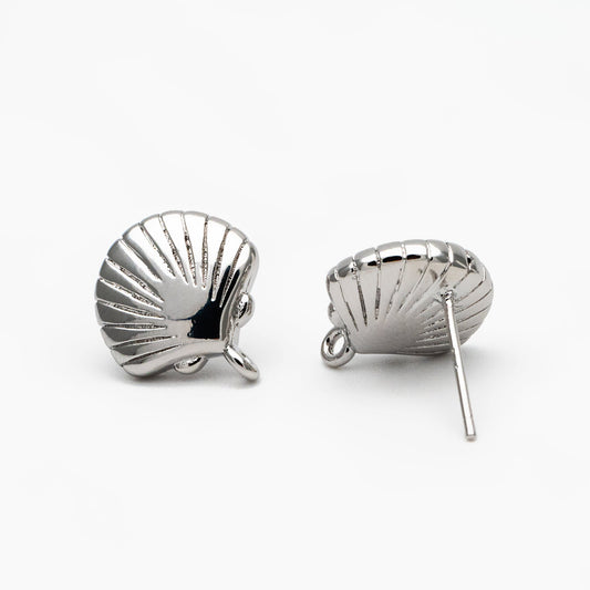 10pcs Gold/ Silver Tone Shell Earring with Loop 14x13mm, Gold/ Rhodium plated Brass Seashell Stud Earrings (GB-4339)