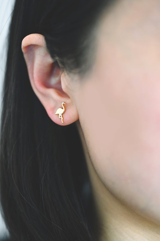 10pcs Gold Flamingo Earrings 12x8mm, Gold Plated Brass, Minimalist Bird Stud Earrings (GB-4113)