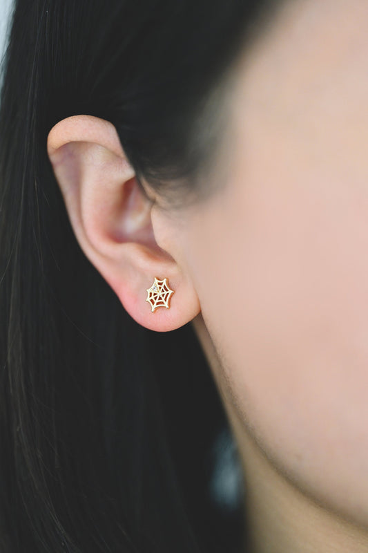 10pcs CZ Pave Gold Spider Web Earrings 9x8mm, Gold Plated Brass Halloween Stud Earrings (GB-4110-B)