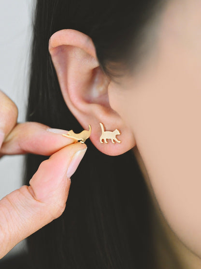10pcs Gold/ Silver Cat Asymmetry Earrings, Gold/ Rhodium Plated Brass Minimalist Stud Earrings (GB-4094-A)