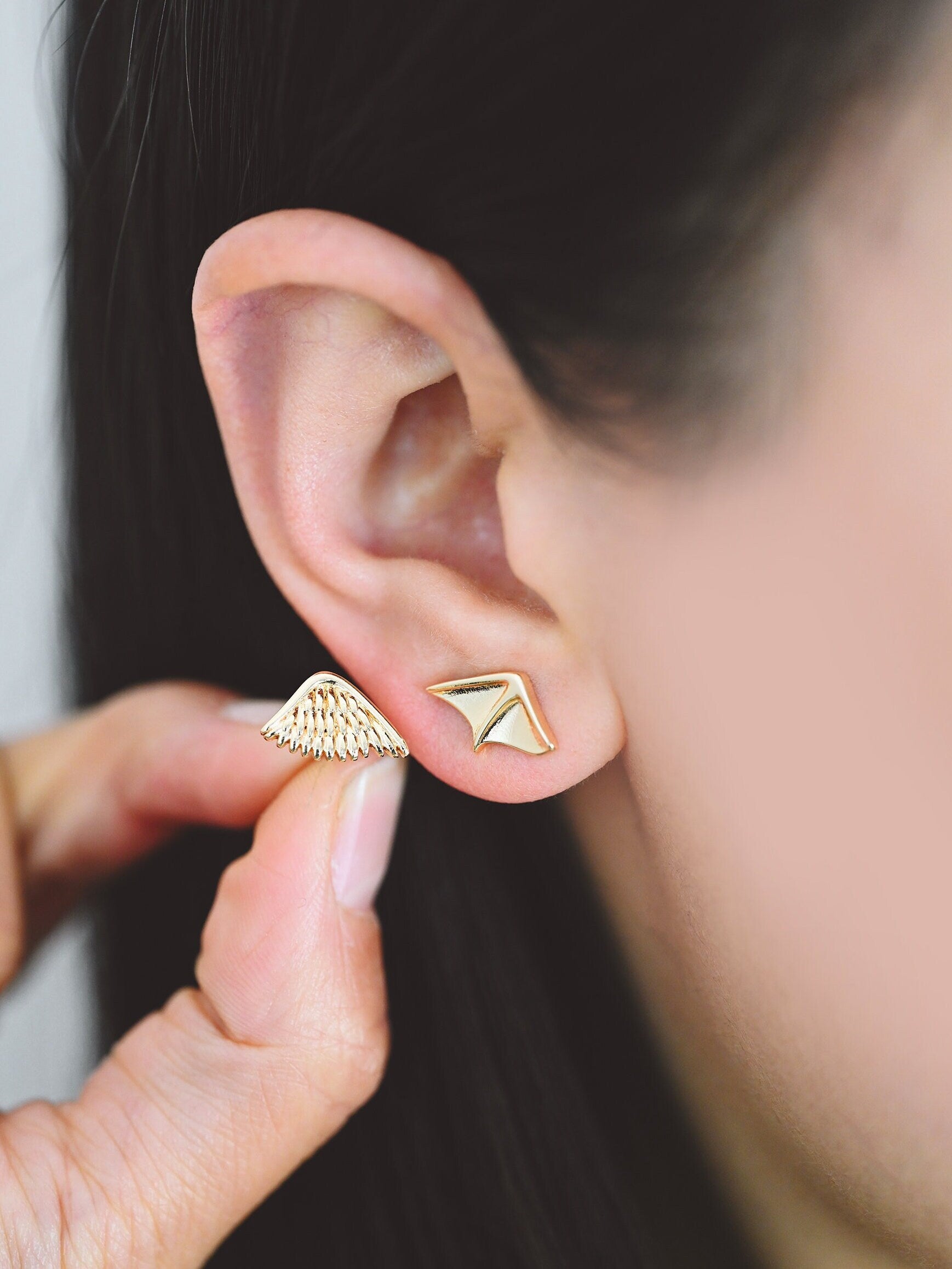 10pcs Gold Angel and Demon Wing Earrings, Gold plated Brass, Minimalist Asymmetry Earrings (GB-4210)