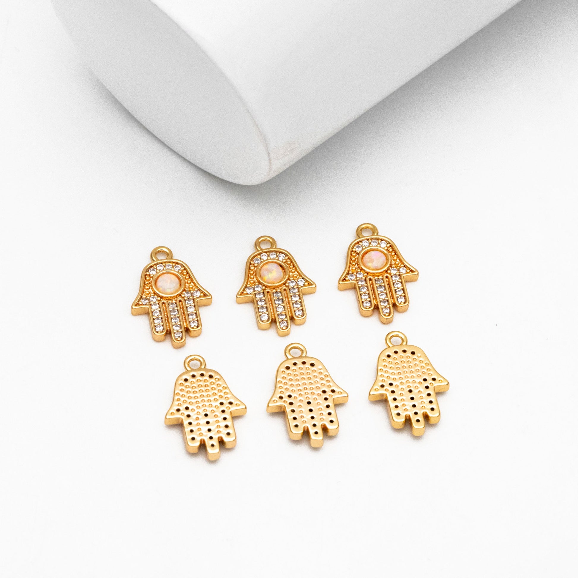 4pcs CZ Pave Gold Hamsa Hand Charm, Hand of Fatima/Miriam Charm, Gold pleted Brass Earring Findings (GB-3923-B)
