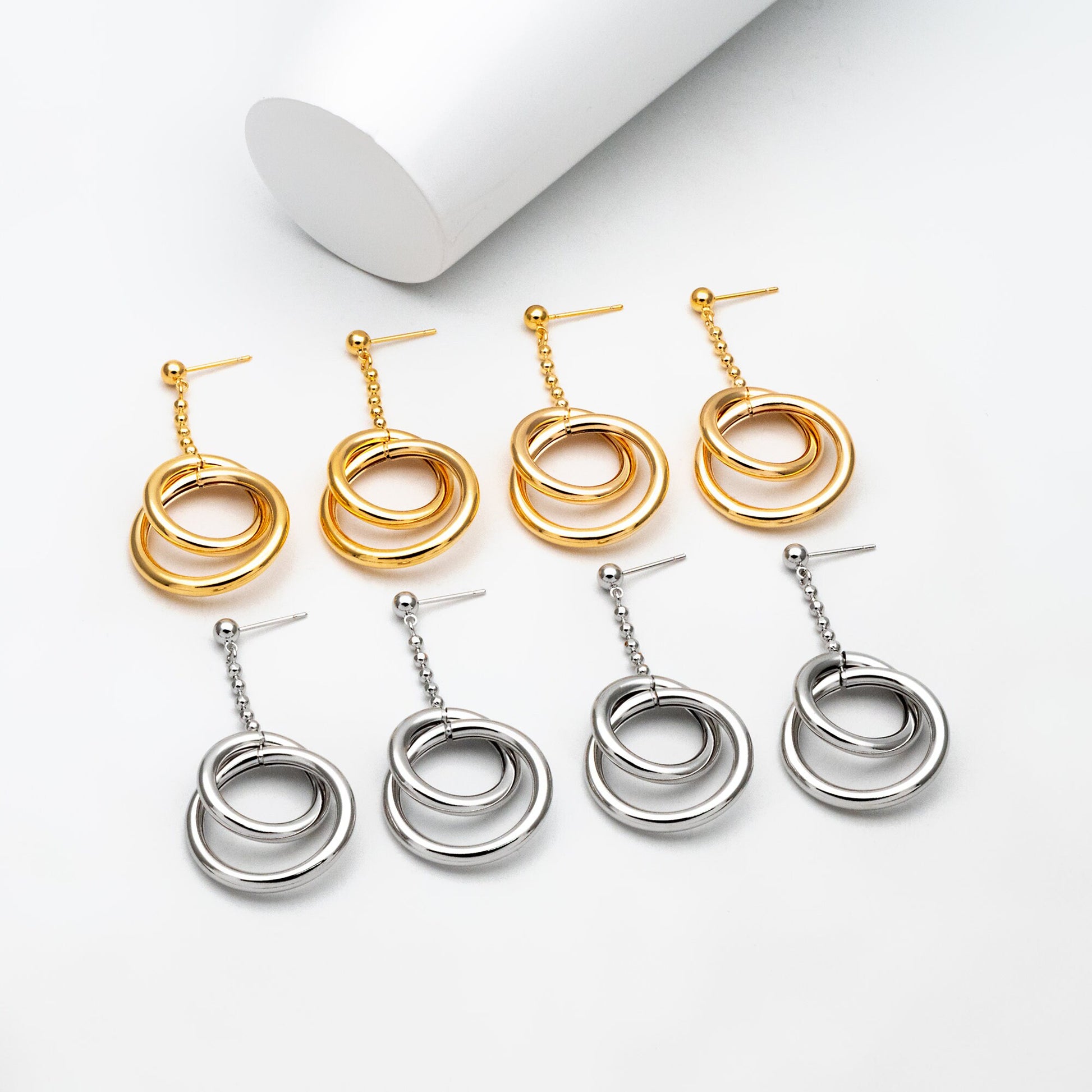 4pcs Gold/ Silver tone Double Circle Earrings, Gold Plated Brass Drop Earrings, Long Dangle Earring (GB-4297)