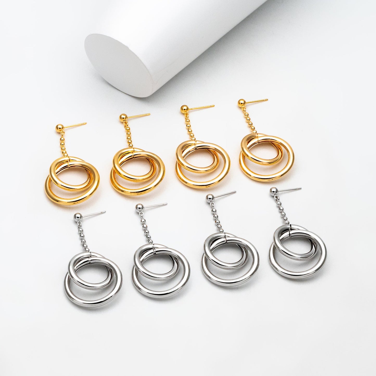 4pcs Gold/ Silver tone Double Circle Earrings, Gold Plated Brass Drop Earrings, Long Dangle Earring (GB-4297)