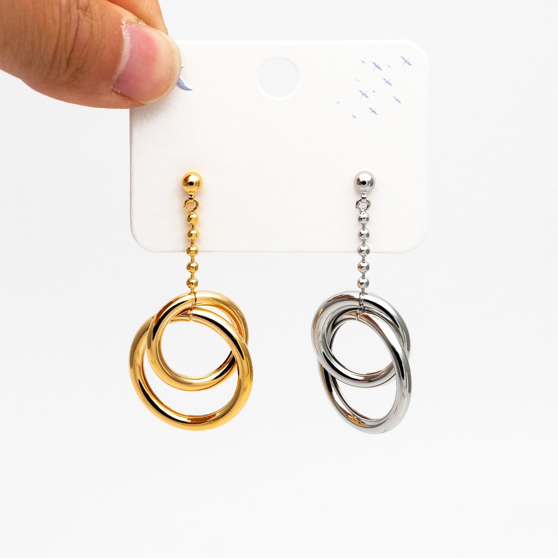 4pcs Gold/ Silver tone Double Circle Earrings, Gold Plated Brass Drop Earrings, Long Dangle Earring (GB-4297)