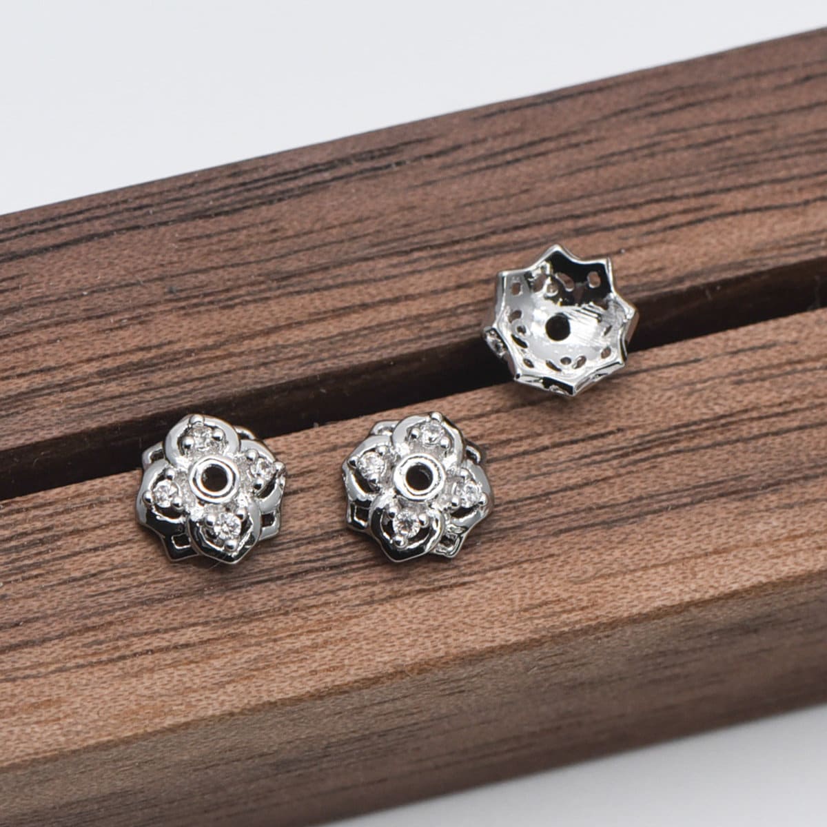 10pcs Gold/ Silver tone Floral Bead Caps 6/ 7/ 8/ 10mm, 18K Real Gold/ Rhodium plated Brass, CZ pave Flower Cap Ends (GB-090)