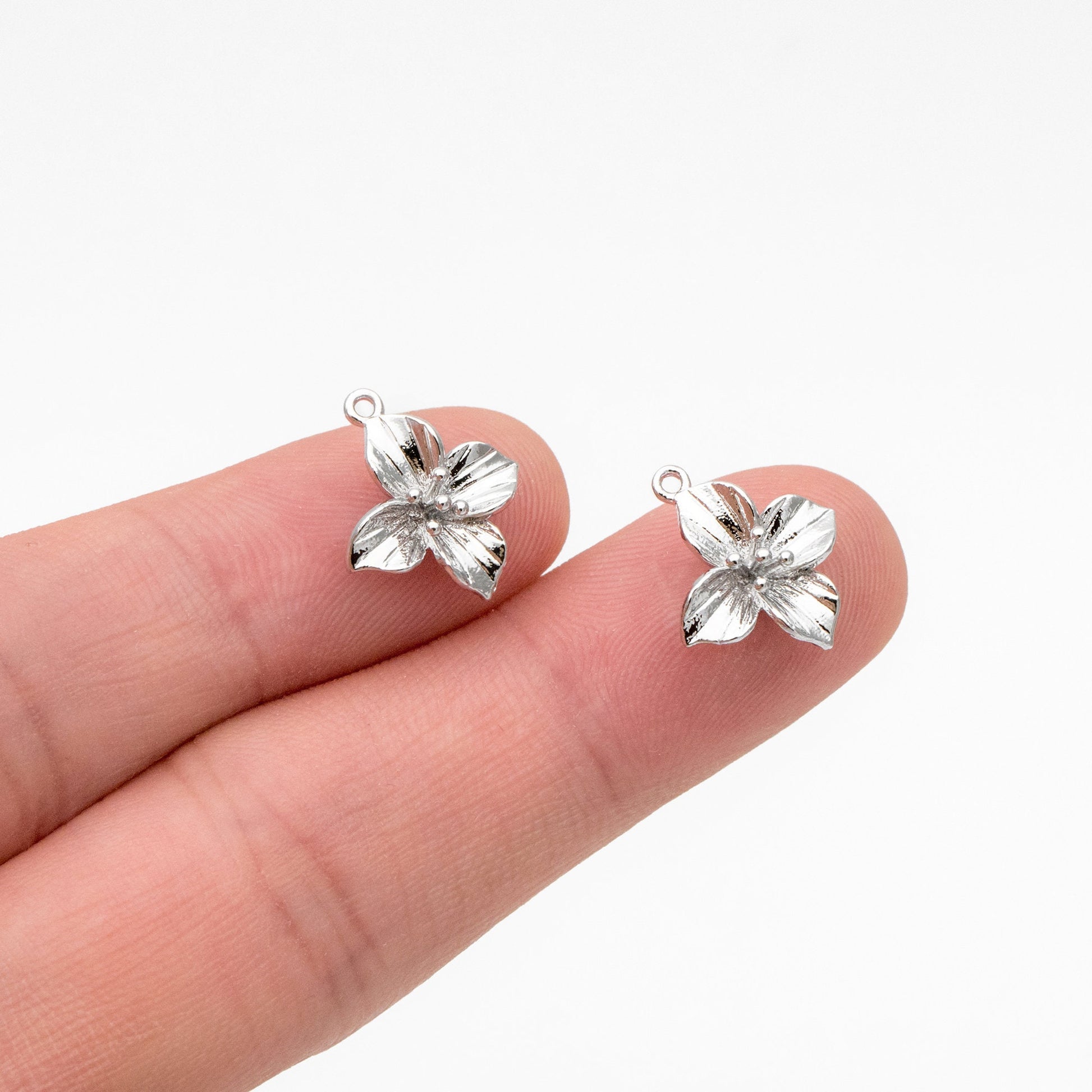 10pcs Gold/ Silver Tone Flower Charms with 2 Loops, 18K Gold/ Rhodium plated Brass, Floral Connectors 10/ 12/ 15mm (GB-1987)