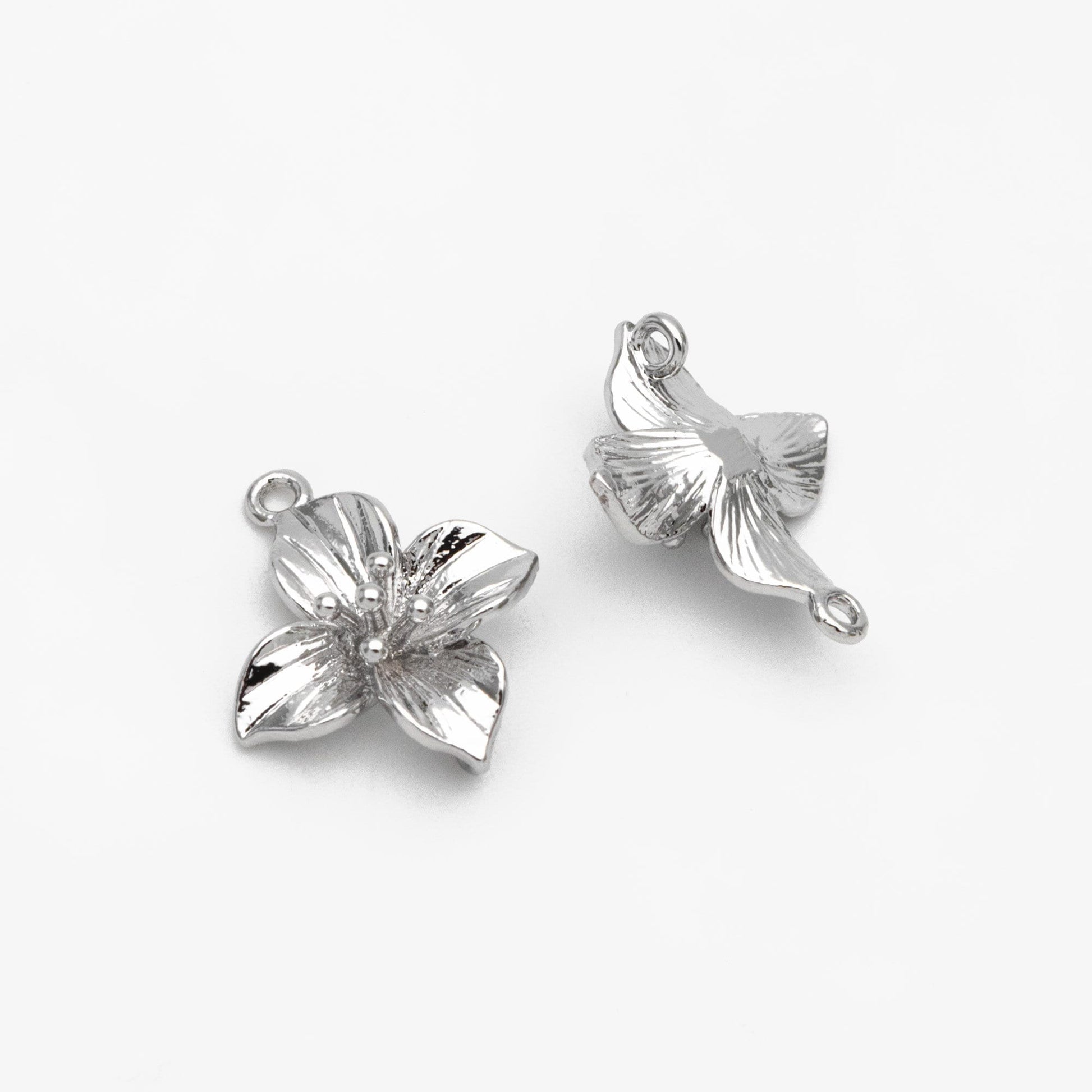 10pcs Gold/ Silver Tone Flower Charms with 2 Loops, 18K Gold/ Rhodium plated Brass, Floral Connectors 10/ 12/ 15mm (GB-1987)