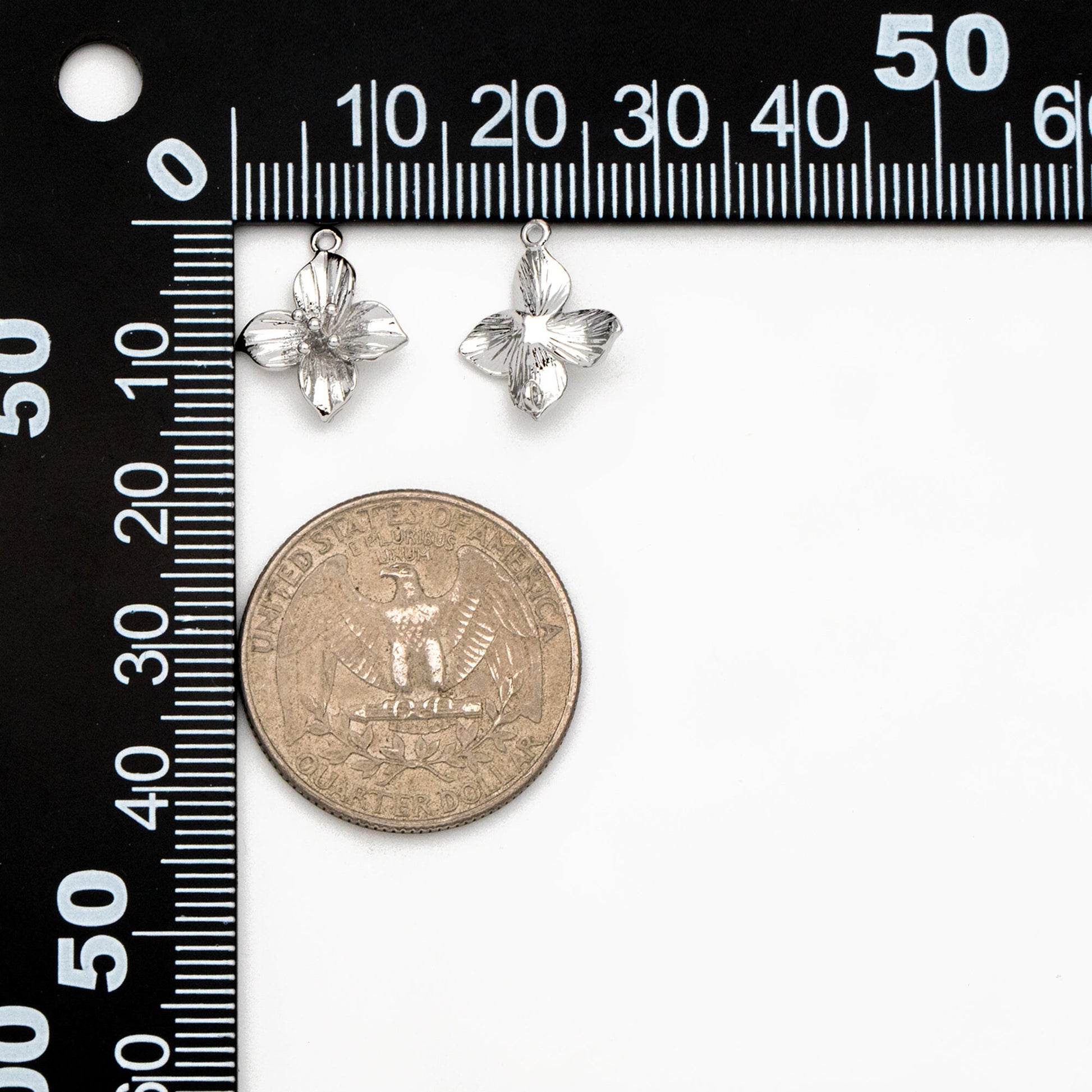 10pcs Gold/ Silver Tone Flower Charms with 2 Loops, 18K Gold/ Rhodium plated Brass, Floral Connectors 10/ 12/ 15mm (GB-1987)