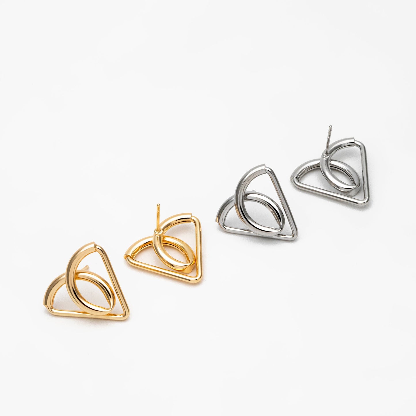 4pcs Gold/ Silver tone Triangle Earrings, Real Gold/ Rhodium plated Brass, Geometric Earring Studs (GB-4298)