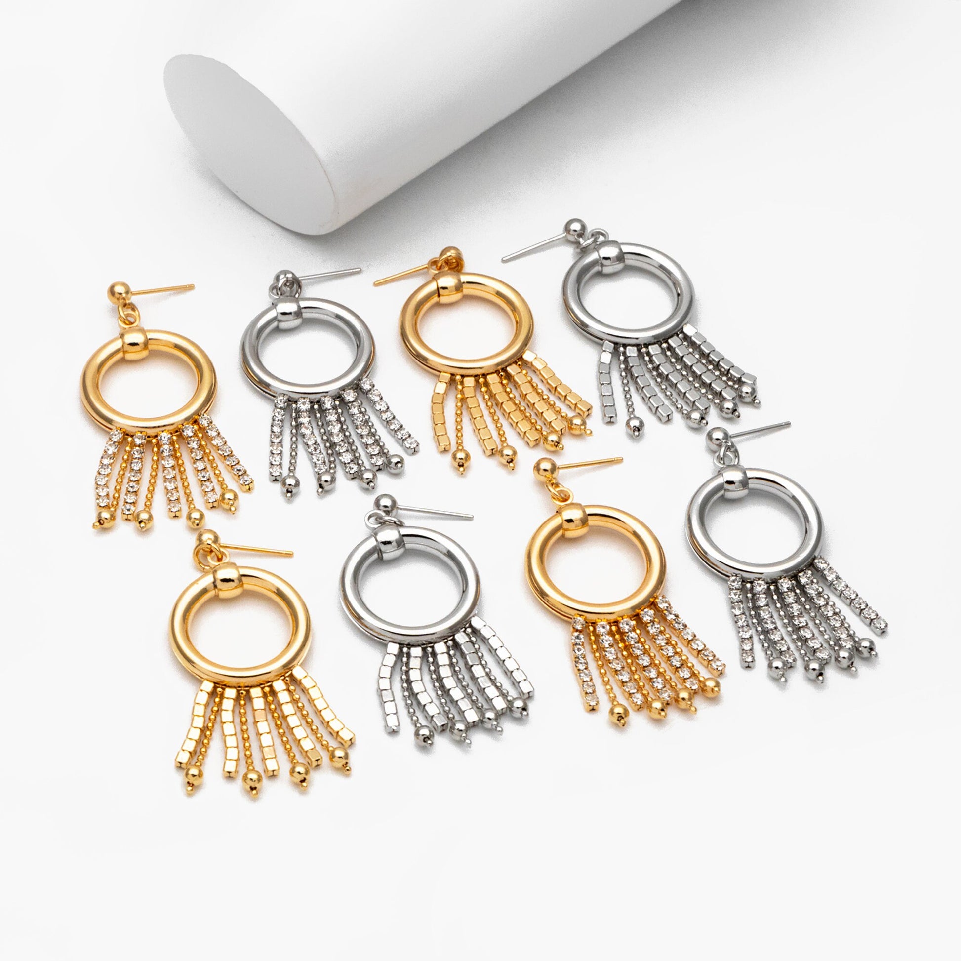 4pcs Gold/ Silver tone Circle Hoop Tassel Earrings 54x22mm, 18K Gold/ Rhodium plated Brass Dangling Stud Earring (GB-4300)