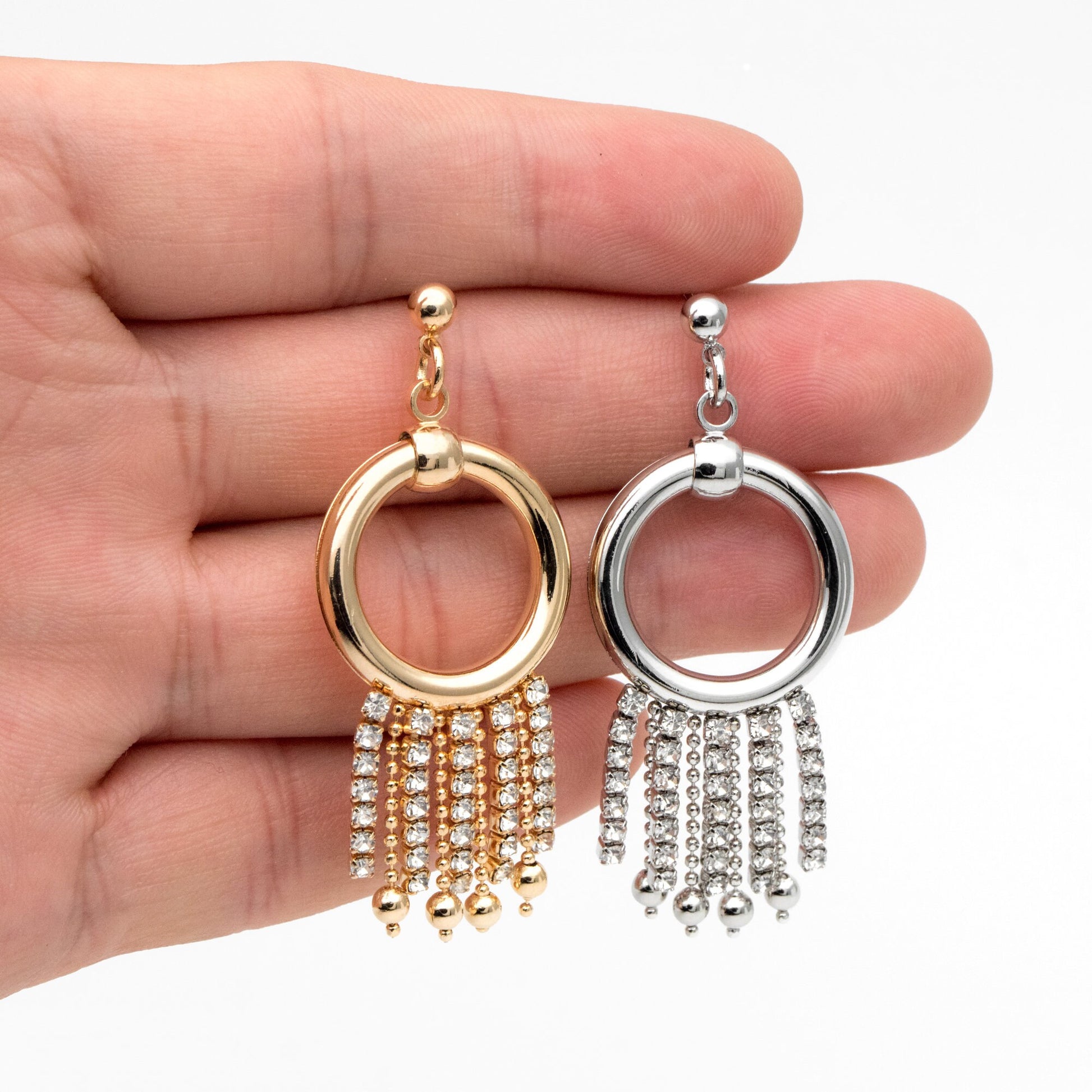 4pcs Gold/ Silver tone Circle Hoop Tassel Earrings 54x22mm, 18K Gold/ Rhodium plated Brass Dangling Stud Earring (GB-4300)