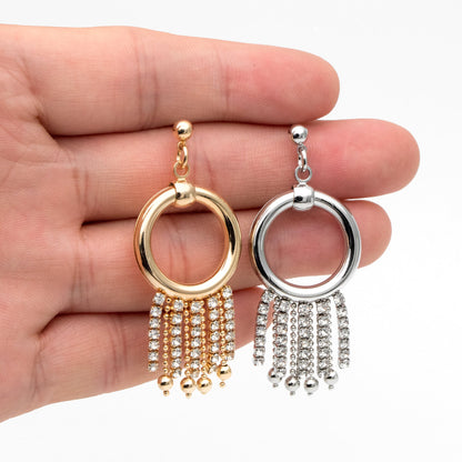4pcs Gold/ Silver tone Circle Hoop Tassel Earrings 54x22mm, 18K Gold/ Rhodium plated Brass Dangling Stud Earring (GB-4300)