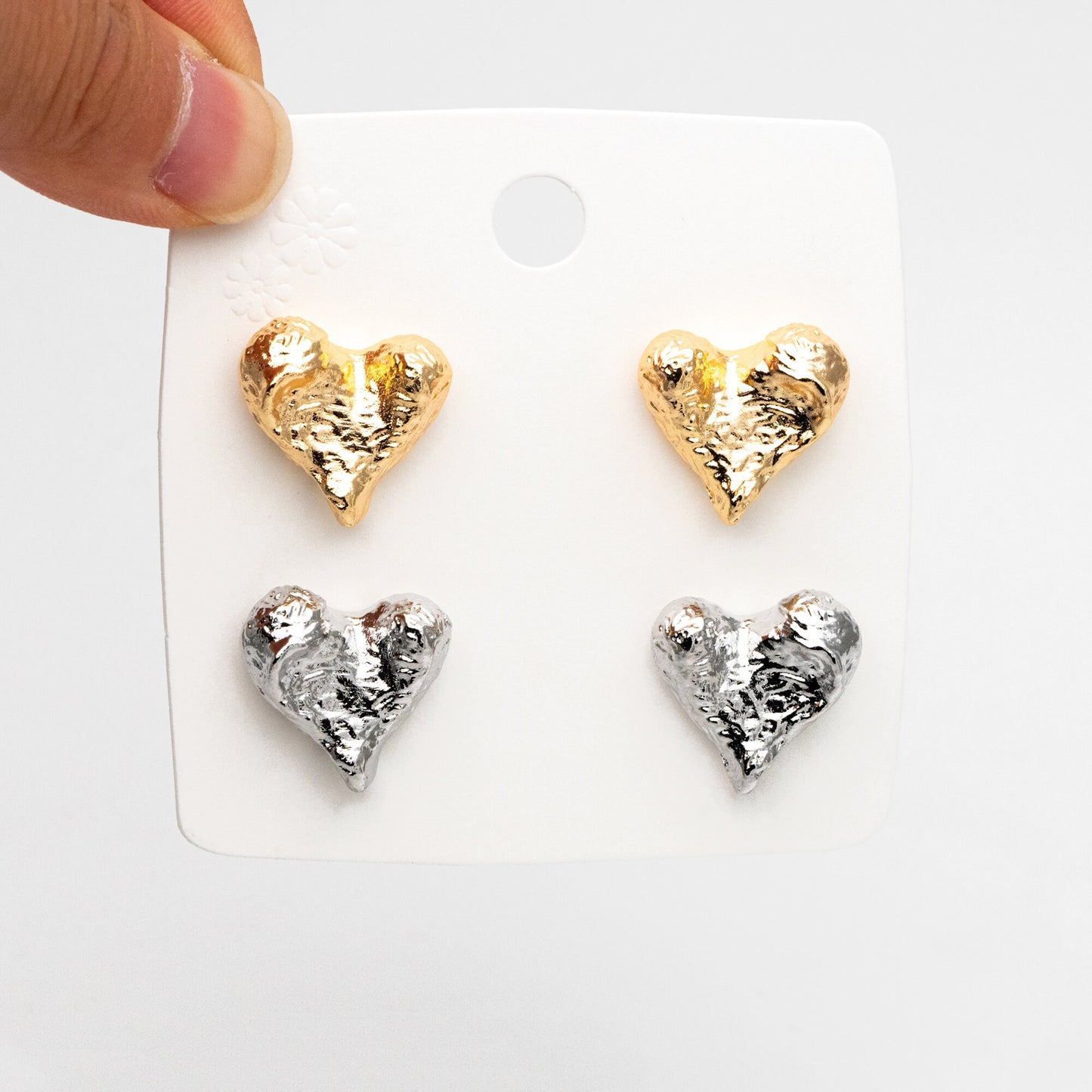4pcs Gold/ Silver Hammered Heart Earrings, Real Gold/ Rhodium plated Brass, Geometric Earring Studs (GB-4307)