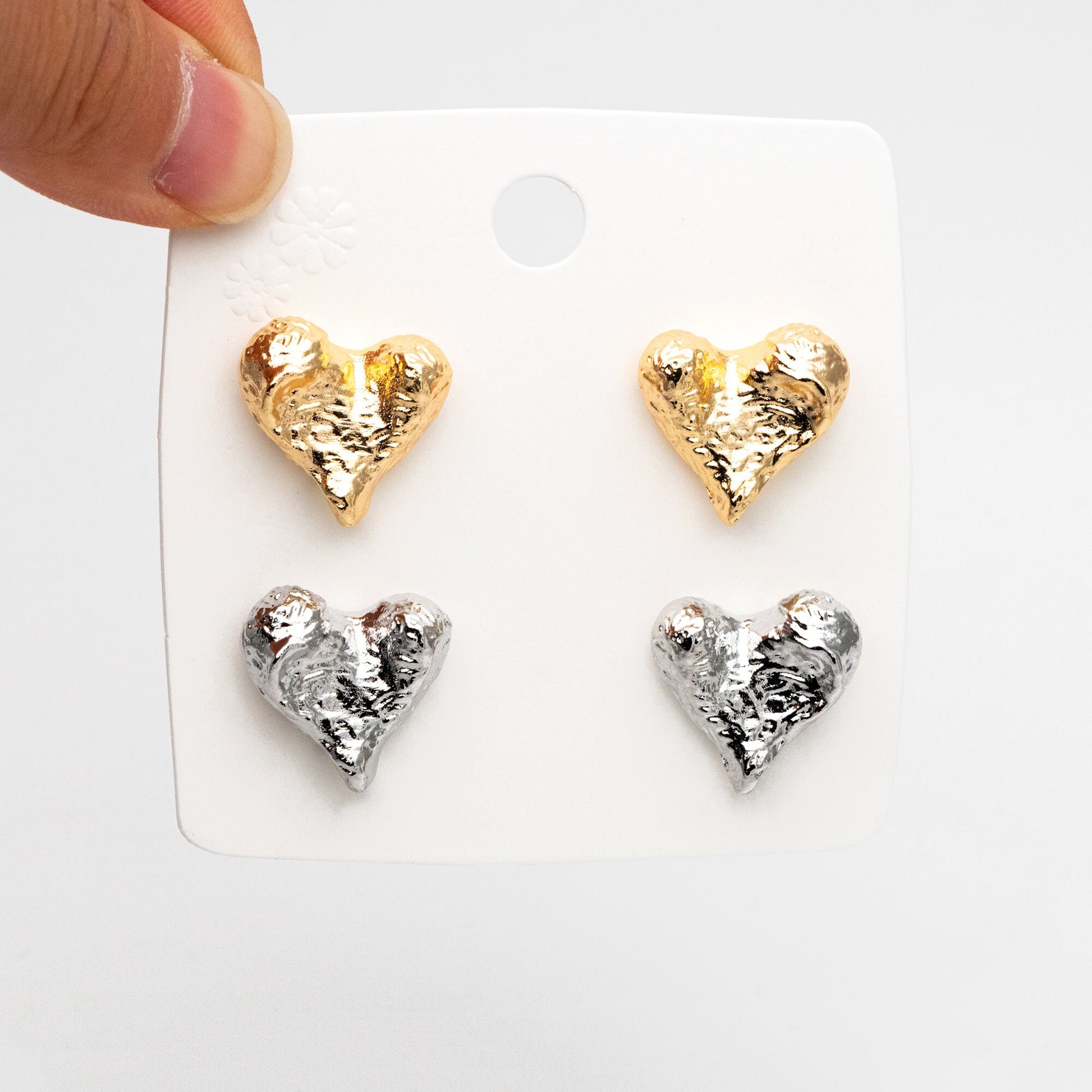 4pcs Gold/ Silver Hammered Heart Earrings, Real Gold/ Rhodium plated Brass, Geometric Earring Studs (GB-4307)