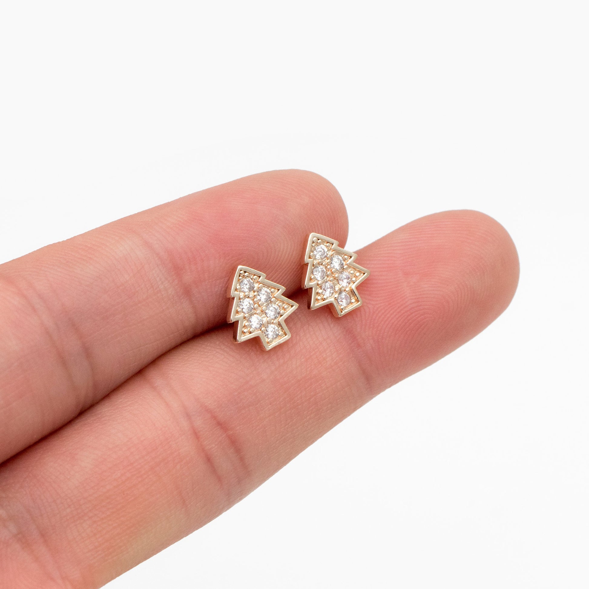 10pcs CZ pave Gold/ Silver Tree Earrings, 18K Gold/ Rhodium Plated Brass, MInimalist Christmas Stud Earrings (#GB-139-E)
