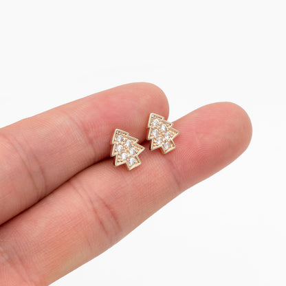10pcs CZ pave Gold/ Silver Tree Earrings, 18K Gold/ Rhodium Plated Brass, MInimalist Christmas Stud Earrings (#GB-139-E)