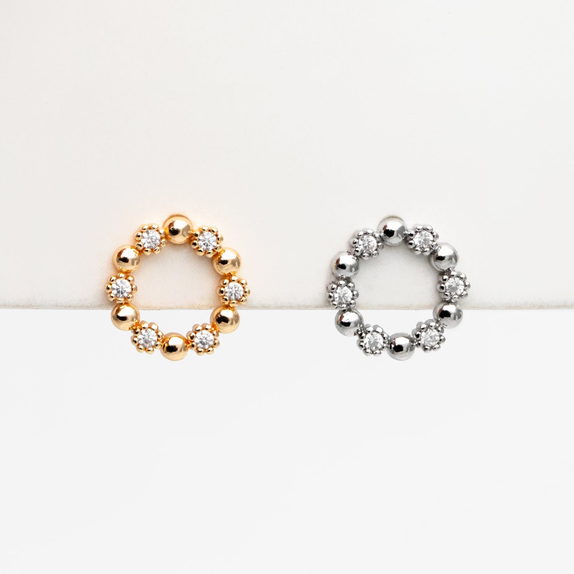 10pcs CZ Pave Gold/ Silver Round Circle Stud Earrings, Gold/ Rhodium plated Brass, 10mm Hoop Stud Earrings (GB-4309)