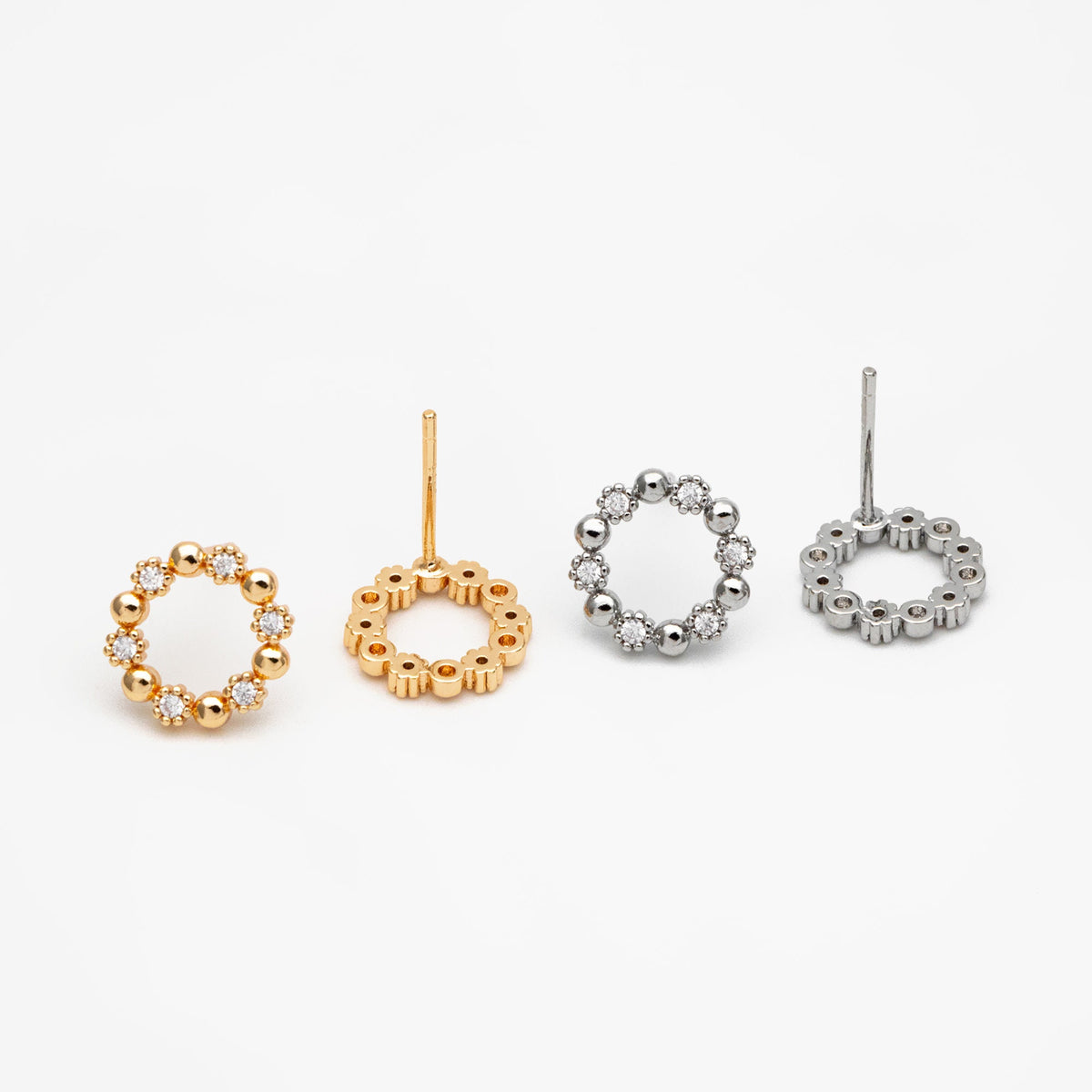 10pcs CZ Pave Gold/ Silver Round Circle Stud Earrings, Gold/ Rhodium plated Brass, 10mm Hoop Stud Earrings (GB-4309)