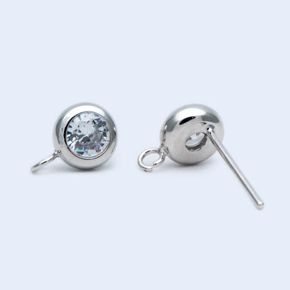 10pcs CZ Pave Gold/ Silver Tone Round Stud Earring with Loop, Gold/ Rhodium Plated Brass Stud Earrings (#GB-1622)