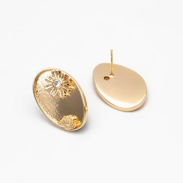 10pcs CZ Pave Gold Flower Oval Earrings, Gold Plated Brass, Dainty Geometric Stud Earrings (#GB-4318)