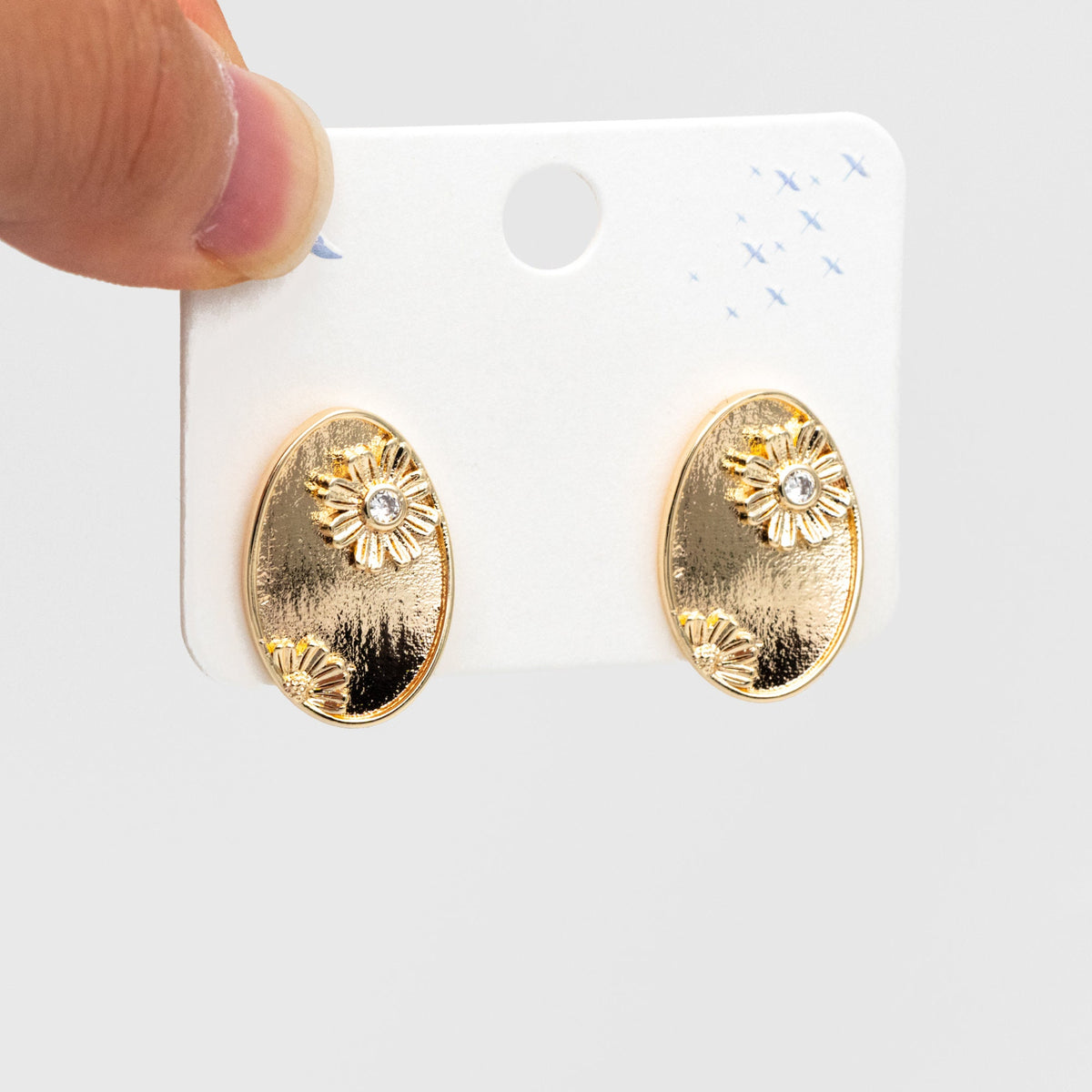 10pcs CZ Pave Gold Flower Oval Earrings, Gold Plated Brass, Dainty Geometric Stud Earrings (#GB-4318)