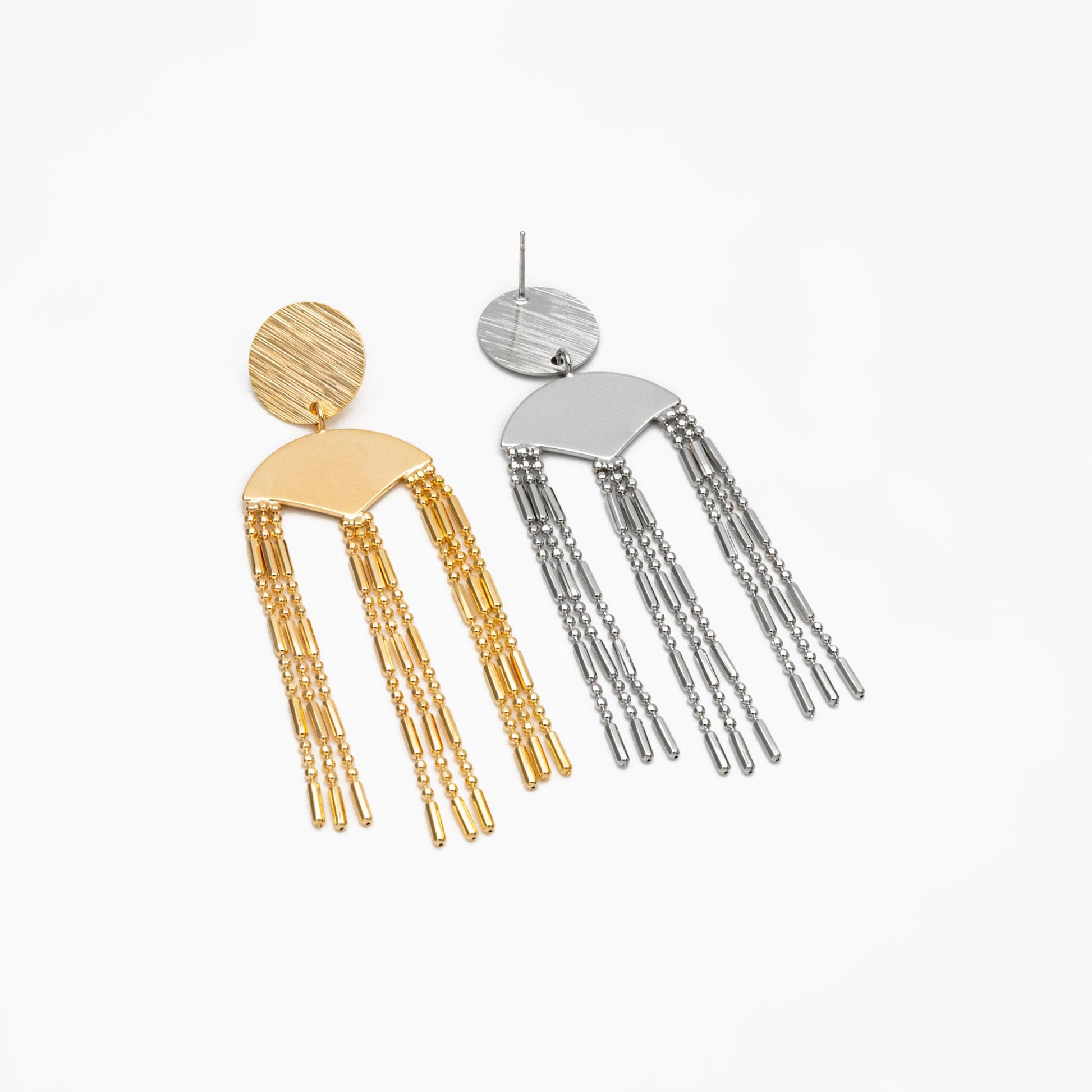 4pcs Gold/ Silver Round Disc Tassel Earrings, 18K Gold/ Rhodium plated Brass, Tassel Stud Earring, Dangling Earrings (GB-4319)