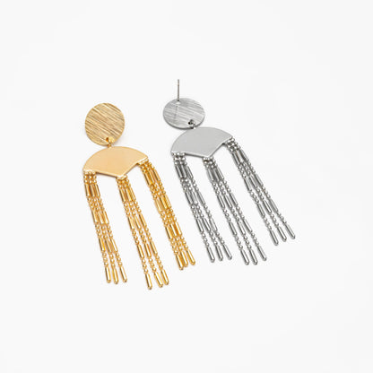 4pcs Gold/ Silver Round Disc Tassel Earrings, 18K Gold/ Rhodium plated Brass, Tassel Stud Earring, Dangling Earrings (GB-4319)
