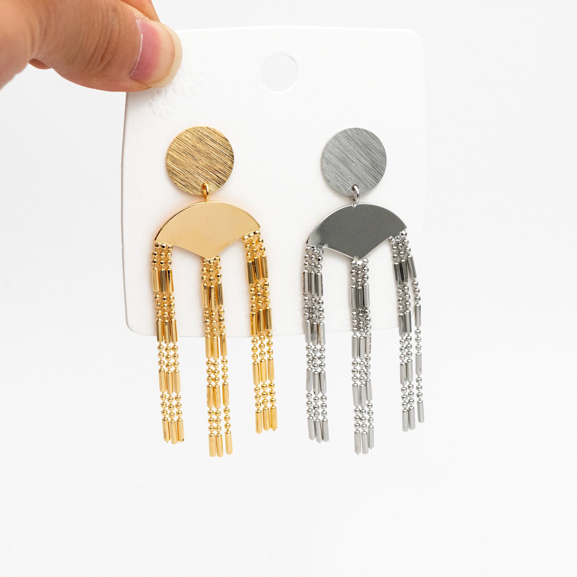 4pcs Gold/ Silver Round Disc Tassel Earrings, 18K Gold/ Rhodium plated Brass, Tassel Stud Earring, Dangling Earrings (GB-4319)