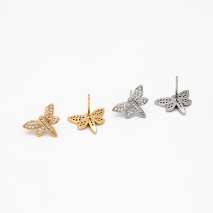 4pcs CZ Pave Gold/ Silver Dragonfly Earrings, Dianty Dragonfly Ear Studs, Jewelry Supplies (GB-4320)