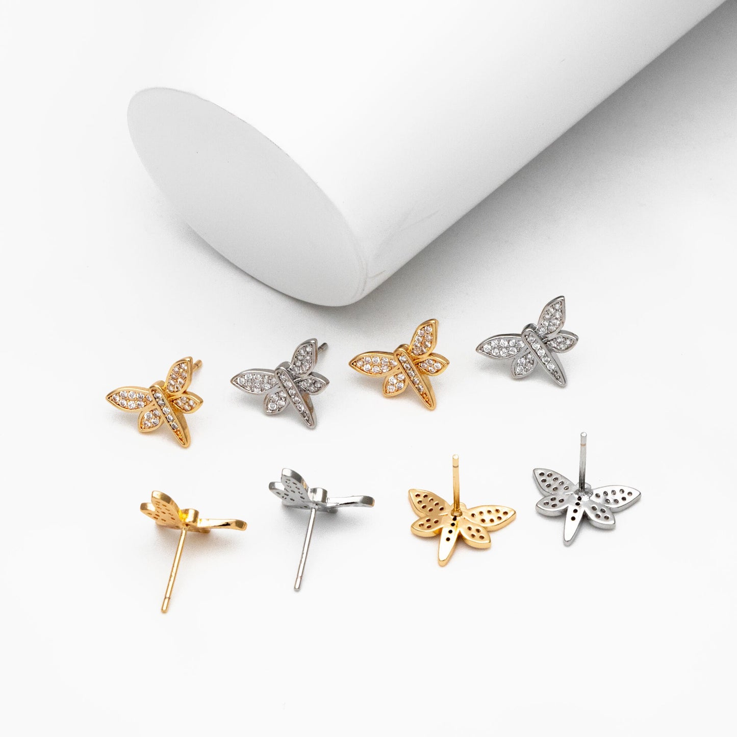 4pcs CZ Pave Gold/ Silver Dragonfly Earrings, Dianty Dragonfly Ear Studs, Jewelry Supplies (GB-4320)