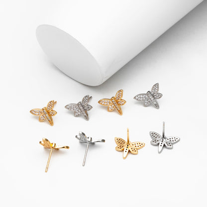 4pcs CZ Pave Gold/ Silver Dragonfly Earrings, Dianty Dragonfly Ear Studs, Jewelry Supplies (GB-4320)