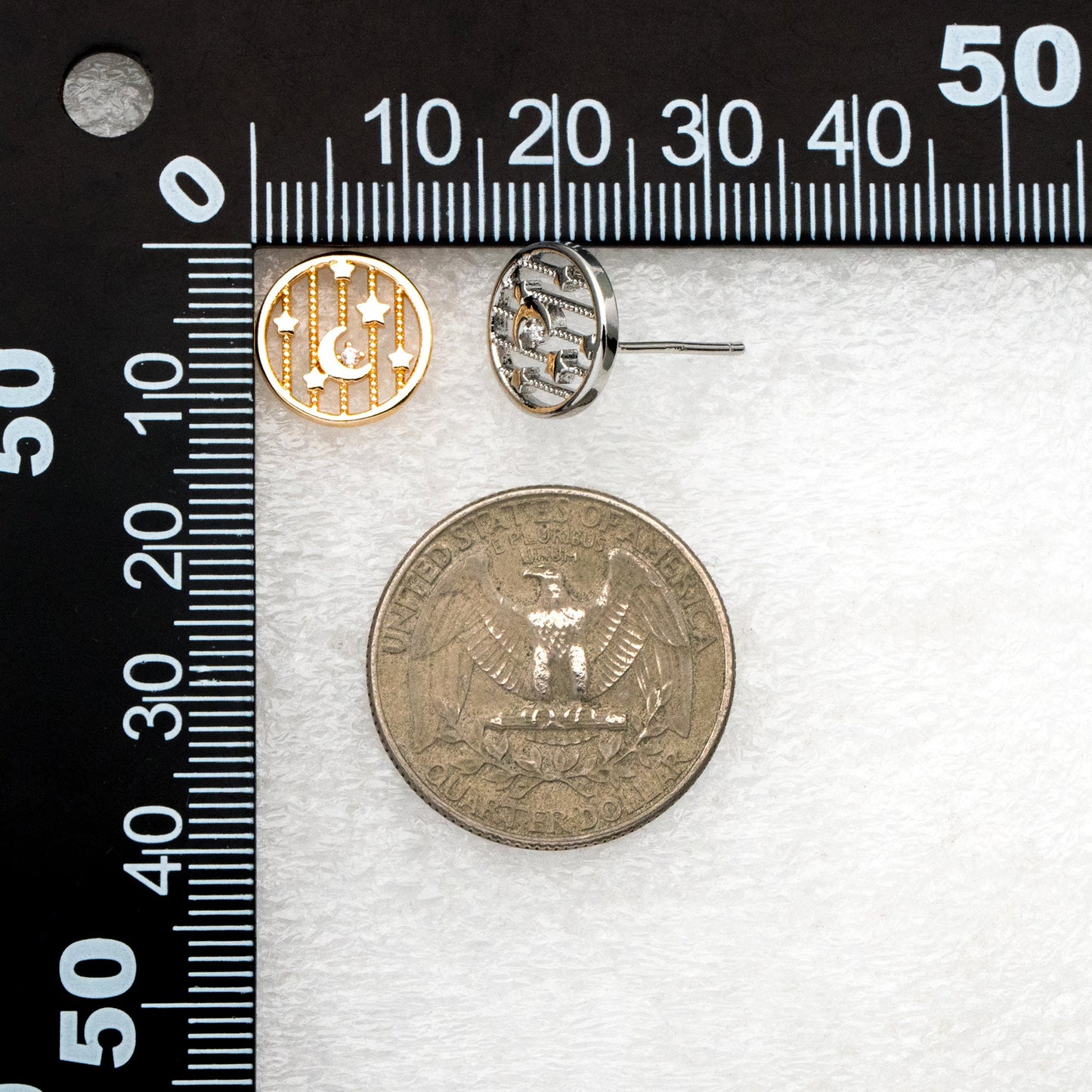 10pcs CZ Pave Gold/ Silver Moon and Star Earrings, Real Gold/ Rhodium Plated Brass, Round Stud Earrings (GB-4321)