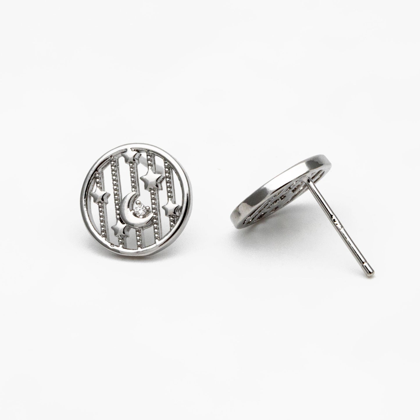 10pcs CZ Pave Gold/ Silver Moon and Star Earrings, Real Gold/ Rhodium Plated Brass, Round Stud Earrings (GB-4321)