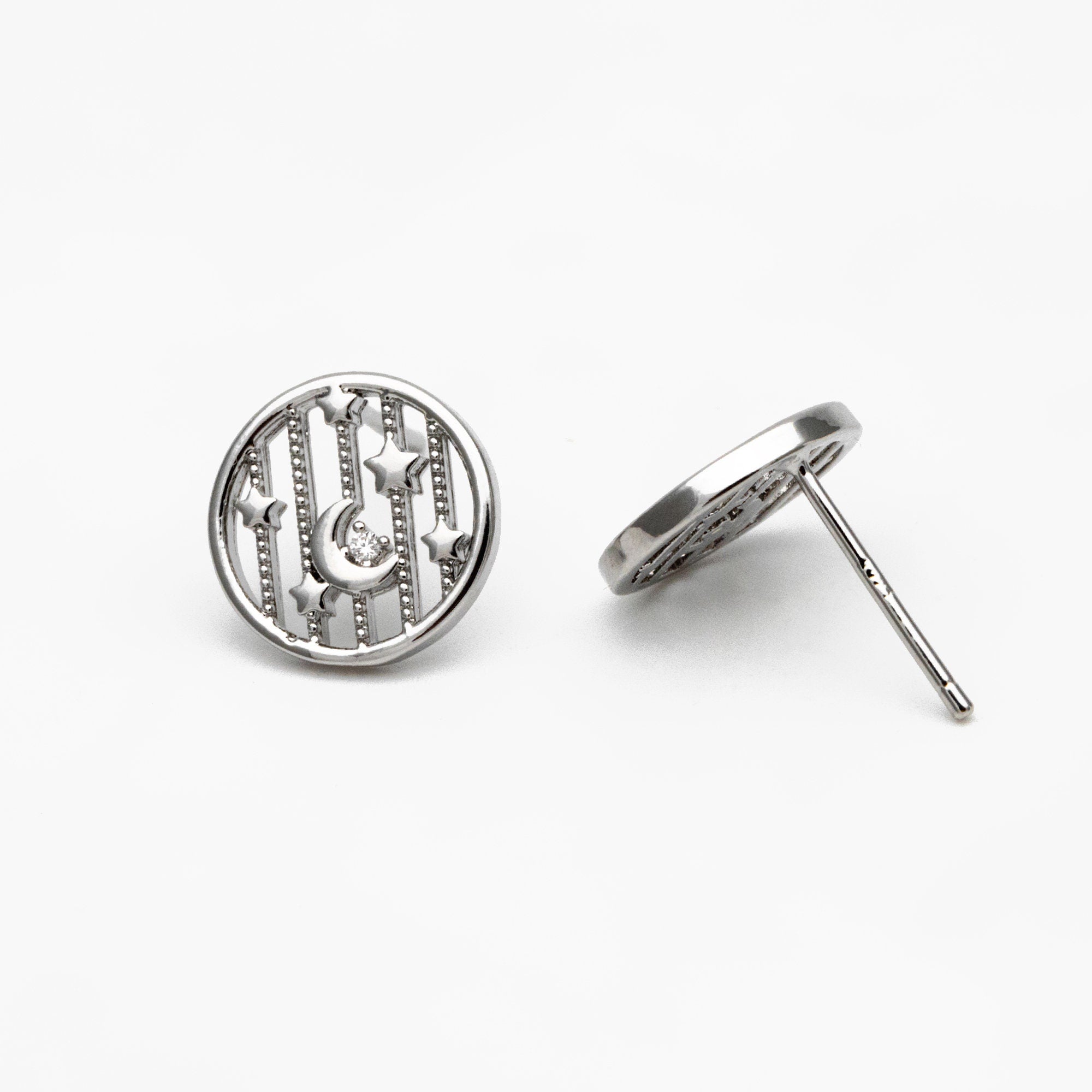 10pcs CZ Pave Gold/ Silver Moon and Star Earrings, Real Gold/ Rhodium Plated Brass, Round Stud Earrings (GB-4321)