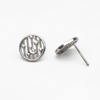 10pcs CZ Pave Gold/ Silver Moon and Star Earrings, Real Gold/ Rhodium Plated Brass, Round Stud Earrings (GB-4321)