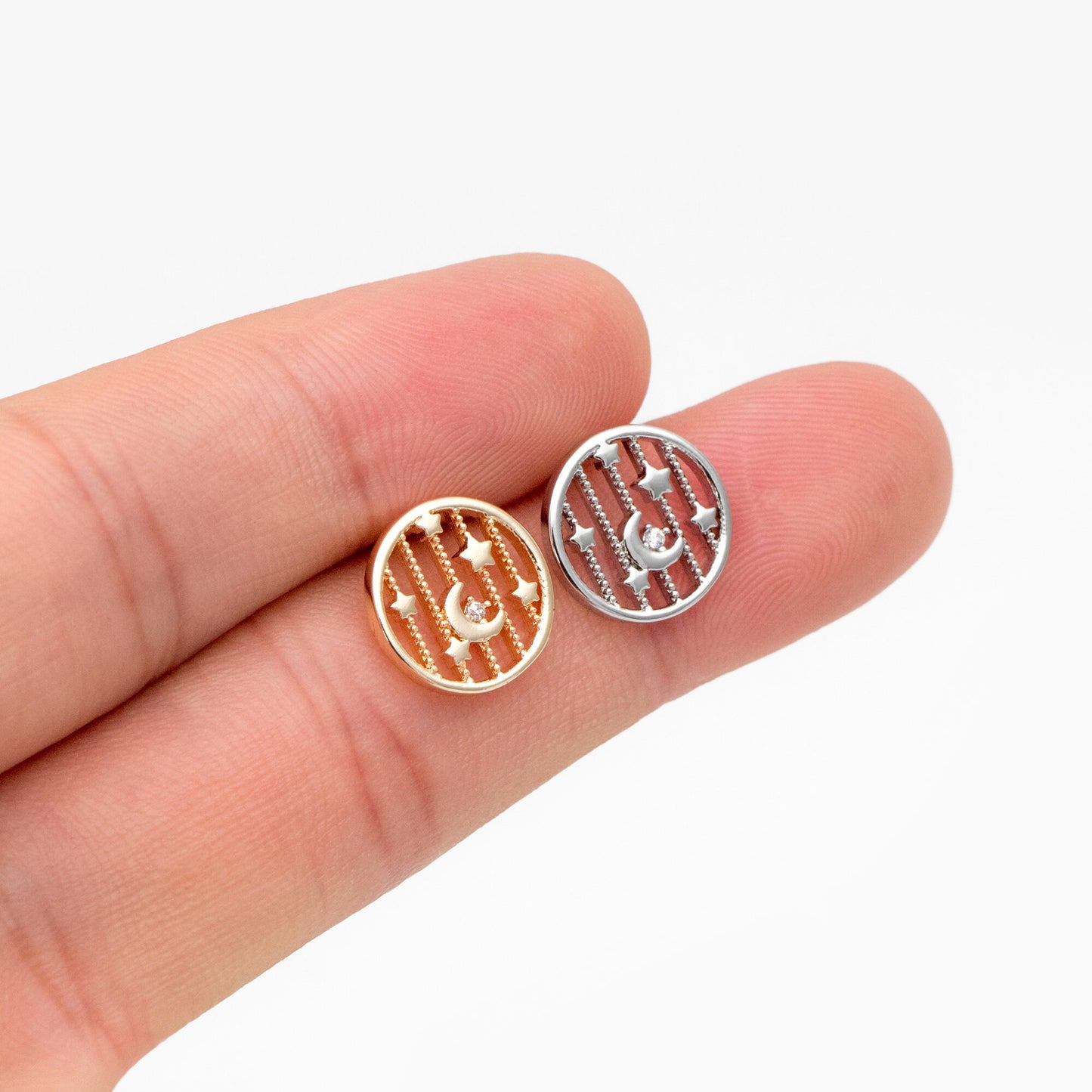 10pcs CZ Pave Gold/ Silver Moon and Star Earrings, Real Gold/ Rhodium Plated Brass, Round Stud Earrings (GB-4321)