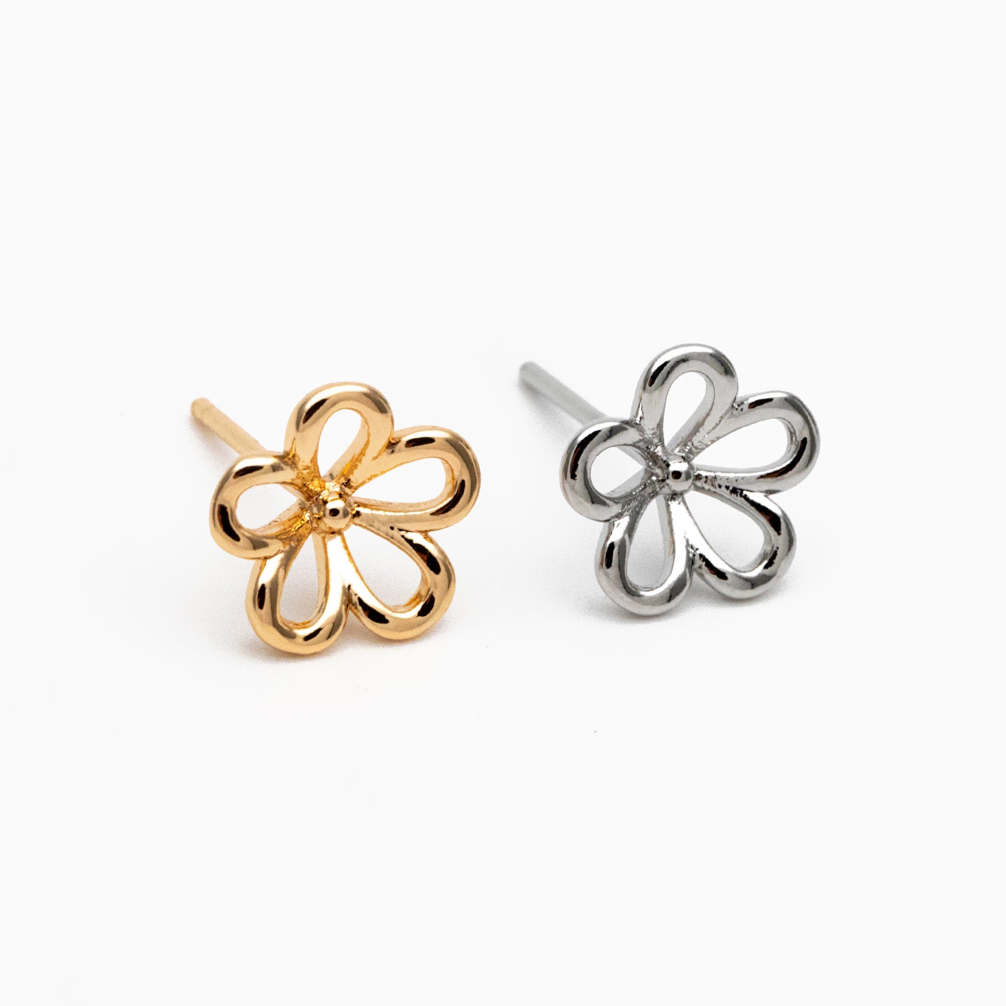 10pcs Gold/ Silver Tone Flower Earring, 10mm, Gold/ Rhodium Plated Brass Dainty Stud Earrings (GB-4322)