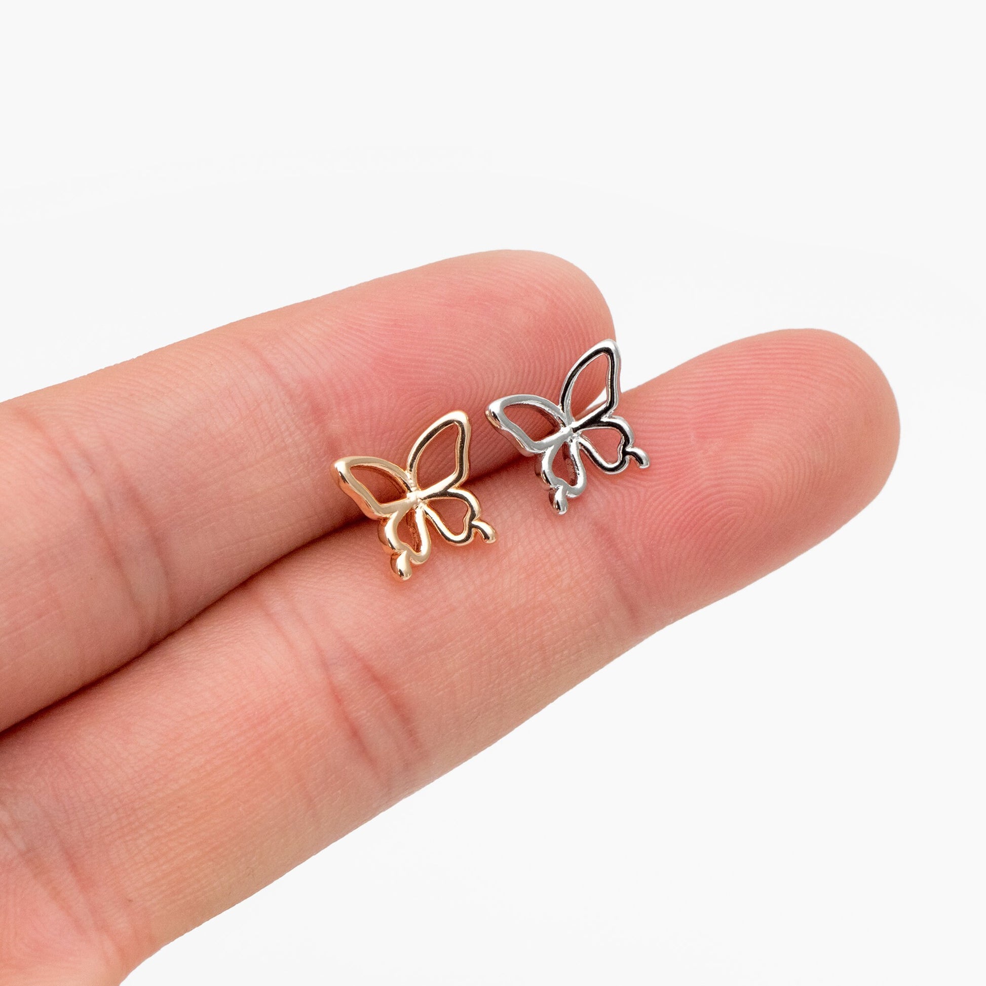 10pcs Gold/ Silver Butterfly Earrings, Gold/ Rhodium plated Brass, Dianty Butterfly Ear Studs, Jewelry Supplies (GB-4323)