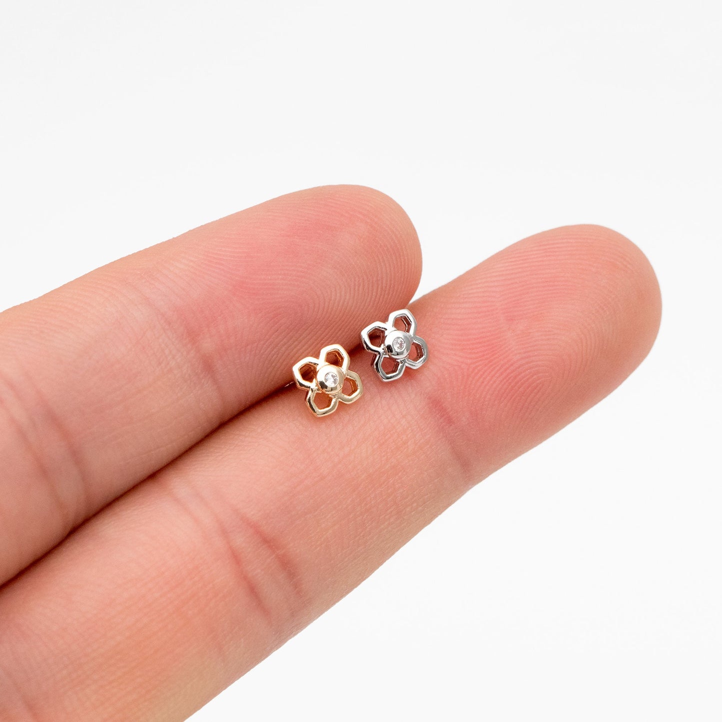 10pcs CZ paved Gold/ Silver Flower Earrings, 5mm, Gold/ Rhodium Plated Brass Dainty Stud Earrings, DIY Ear Findings (GB-4325)