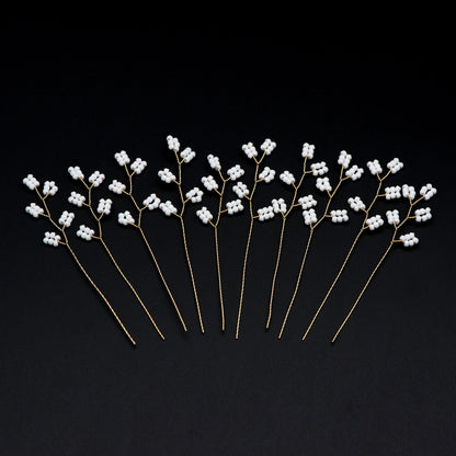 10pcs Beaded Leaf Sprigs on Gold Wire, Flower Tassel Hair Accessories, Seed Glass Beads Branch (FB-050)
