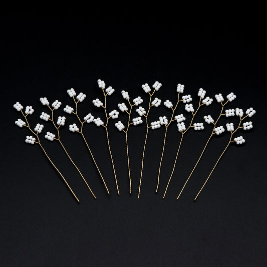 10pcs Beaded Leaf Sprigs on Gold Wire, Flower Tassel Hair Accessories, Seed Glass Beads Branch (FB-050)
